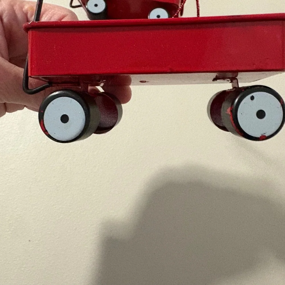 Set of 3 Miniature Red Metal‎ Merry Christmas Wagons Holiday Decor Ornaments